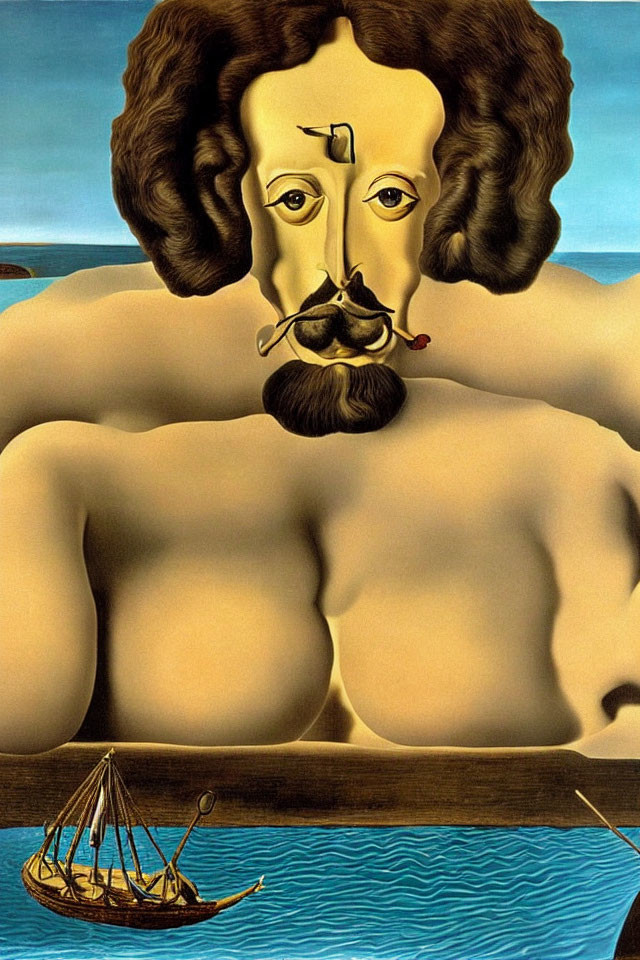 Surreal painting: Face with disproportionate features and ship on water torso