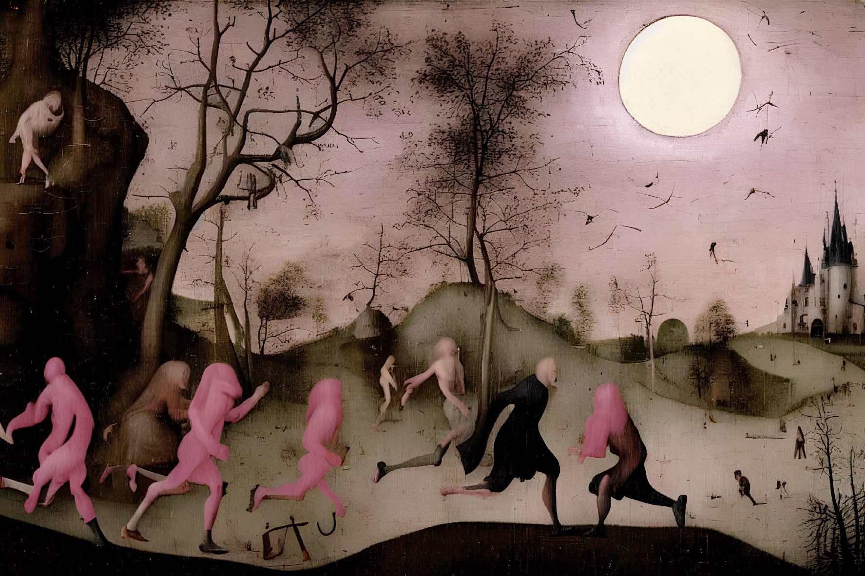 Surreal painting: Pink figures running to castle under large moon