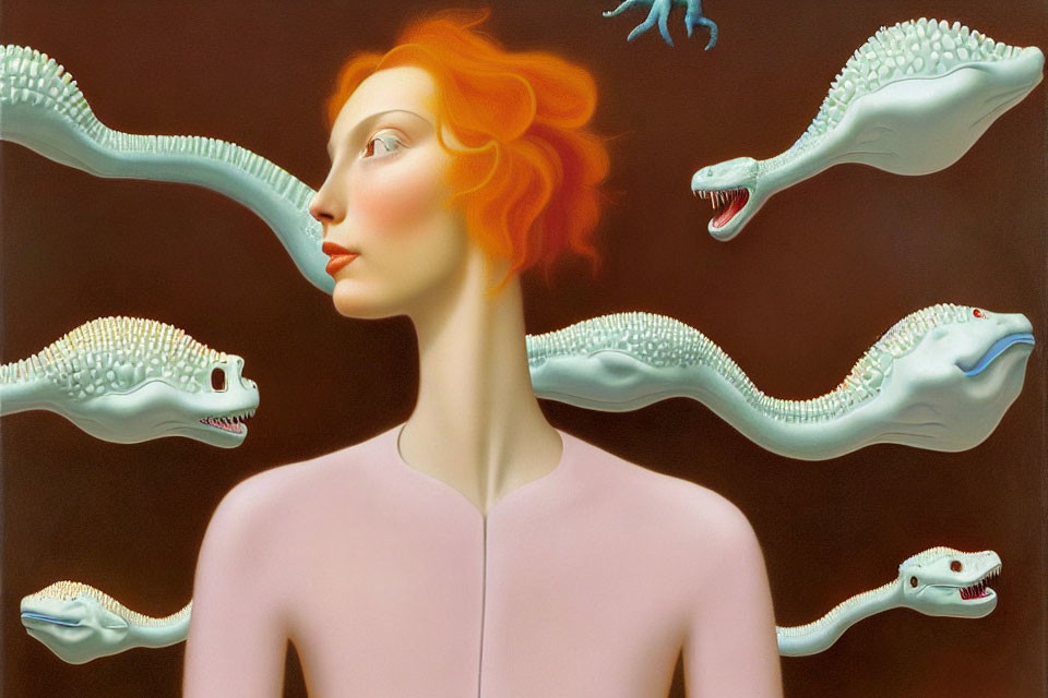 Surreal portrait: Woman with red hair and floating alligator heads on reddish-brown background