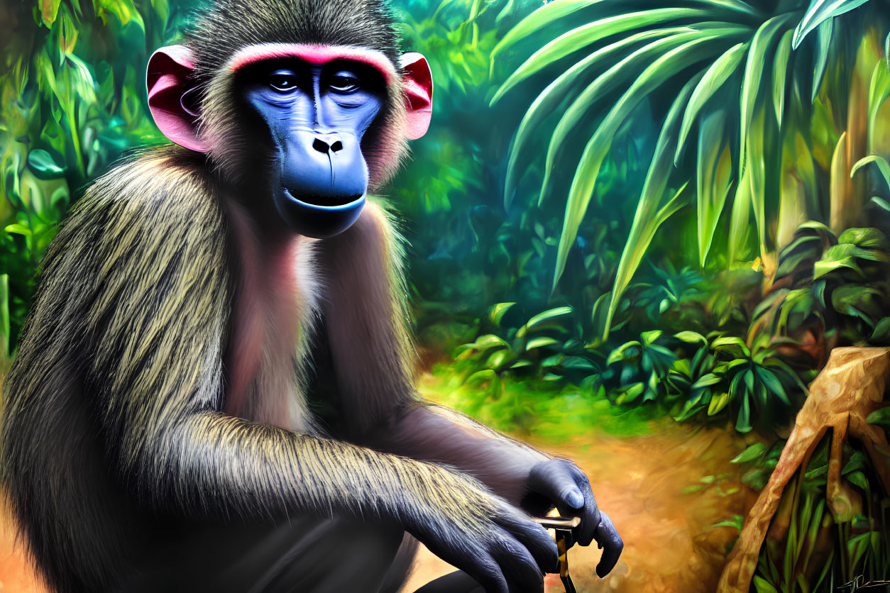 Vibrant digital painting of a mandrill in lush jungle