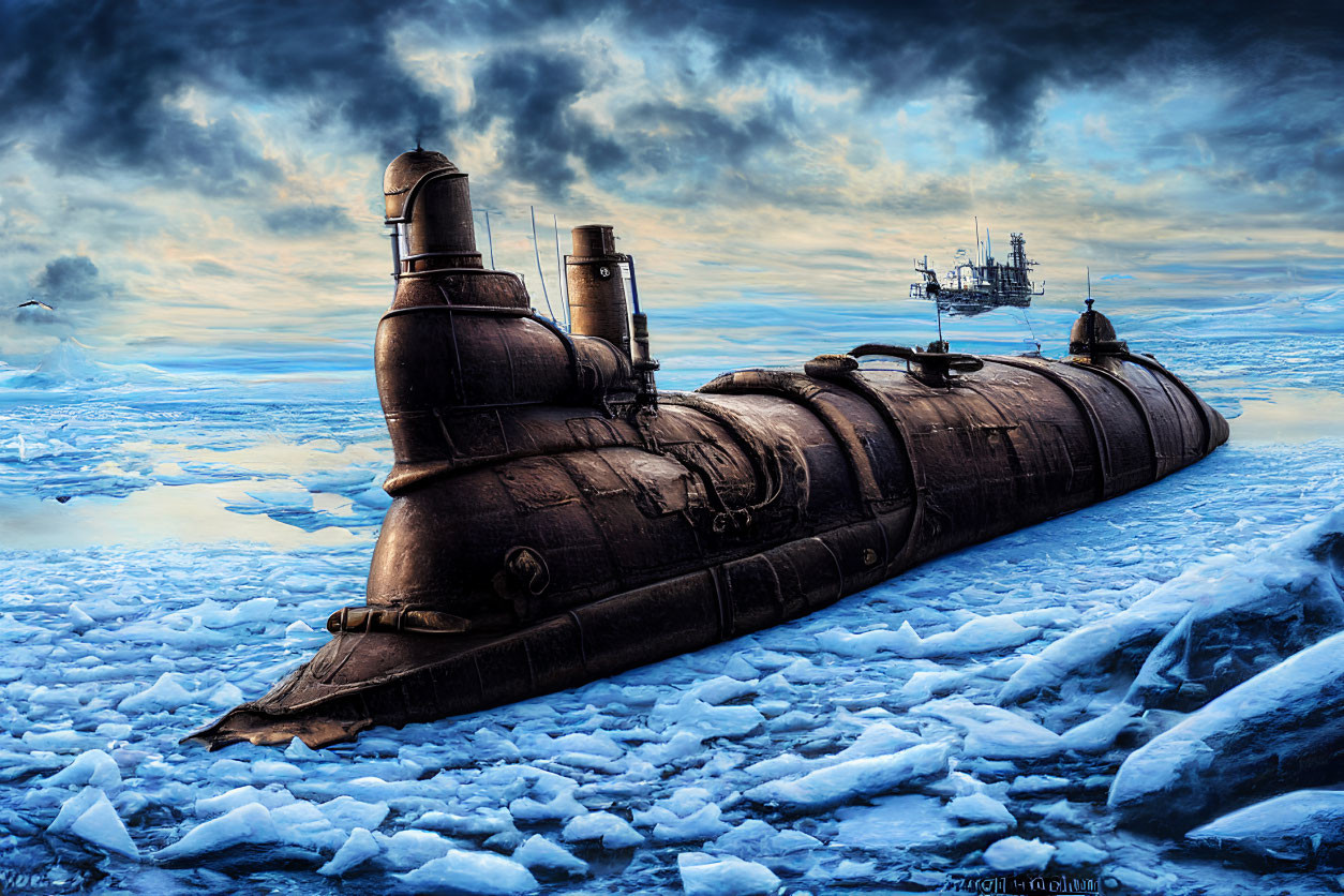 Digital artwork: Vintage submarine surfacing through ice with dramatic skies.