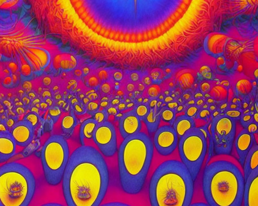 Colorful Psychedelic Artwork Featuring Yellow and Orange Orbs on Red and Blue Background