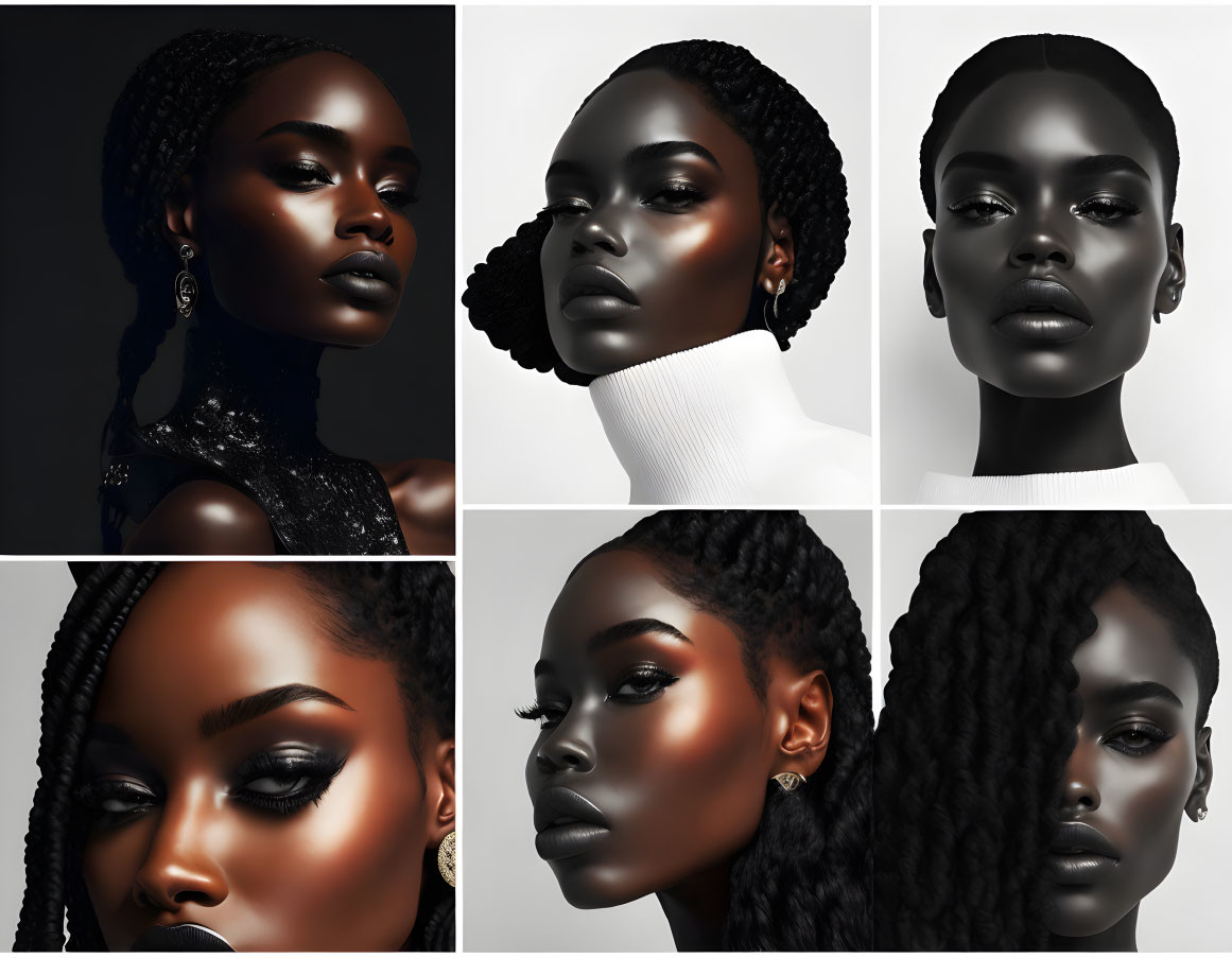 Six Portrait Collage Featuring Woman with Striking Makeup & Elegant Poses