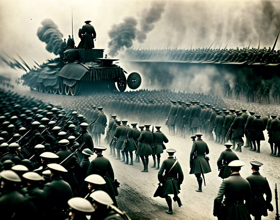 Vintage photo: Soldiers marching with tank and billowing smoke in dramatic war scene