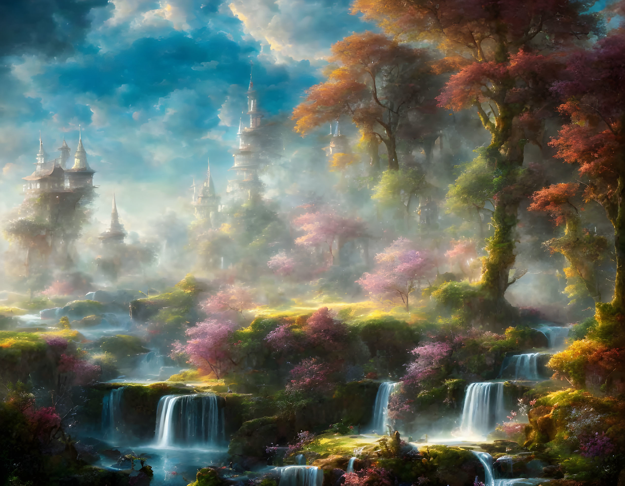 Enchanting forest with waterfalls, pink trees, misty sunlight, fairy-tale castles