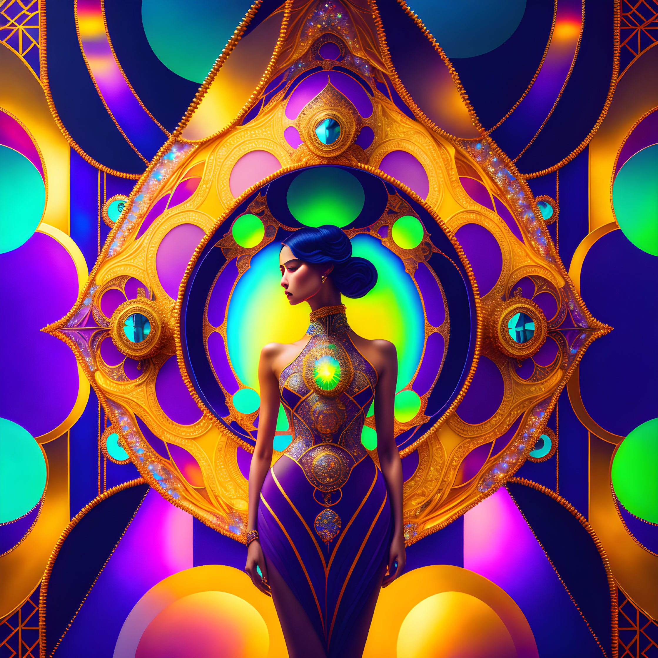 Blue-haired woman in golden jewel outfit against mandala backdrop