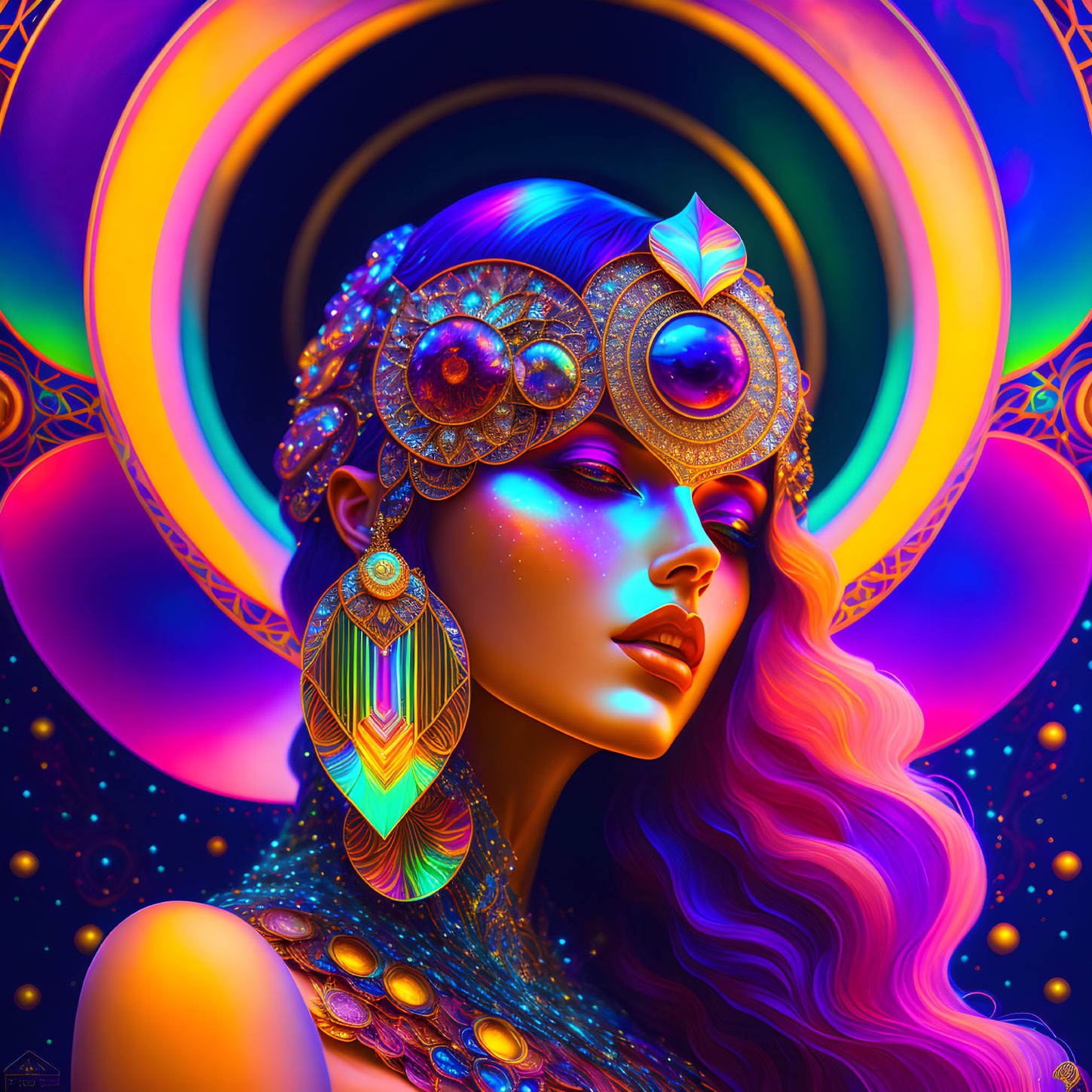 Colorful illustration: woman with flowing hair, gem-encrusted headpiece, cosmic background.