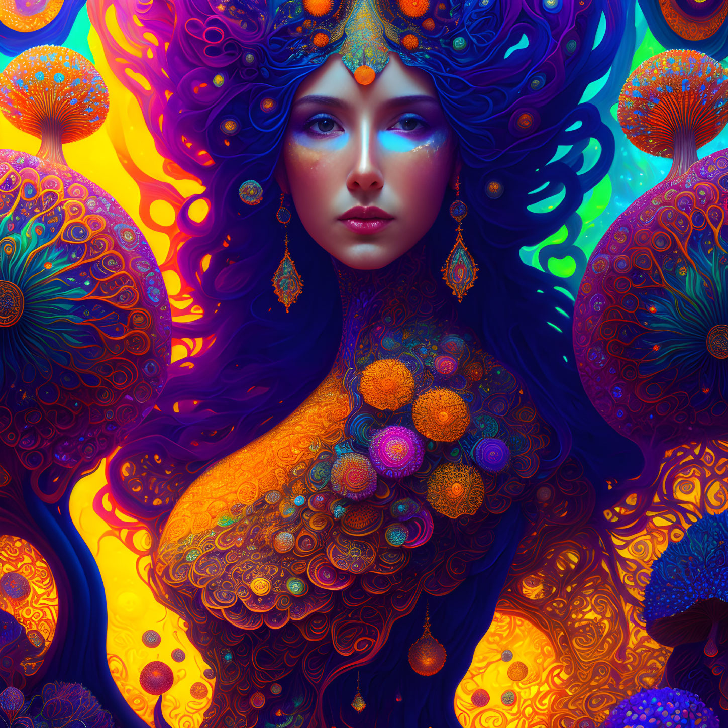 Colorful digital artwork: Woman with blue hair and mushrooms