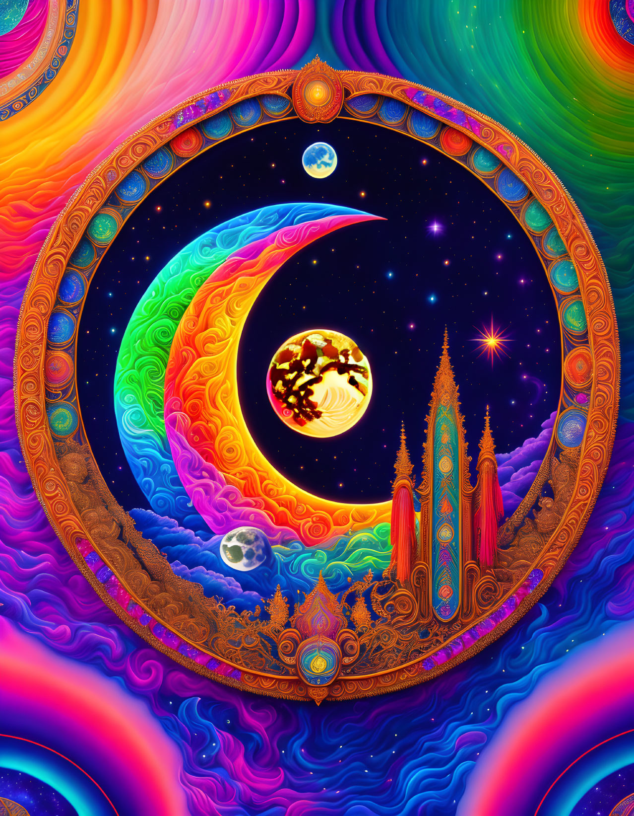 Colorful Crescent Moon and Planet Artwork with Cosmic Background