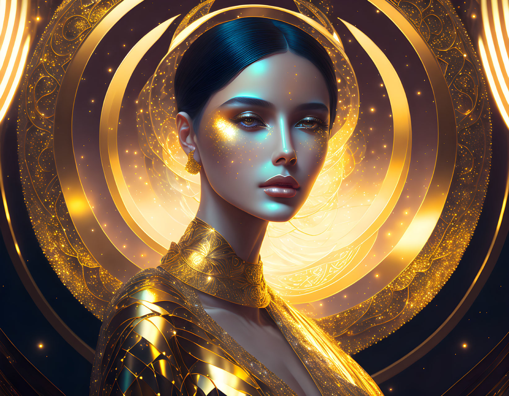 Futuristic digital artwork: Woman with glowing skin and golden patterns