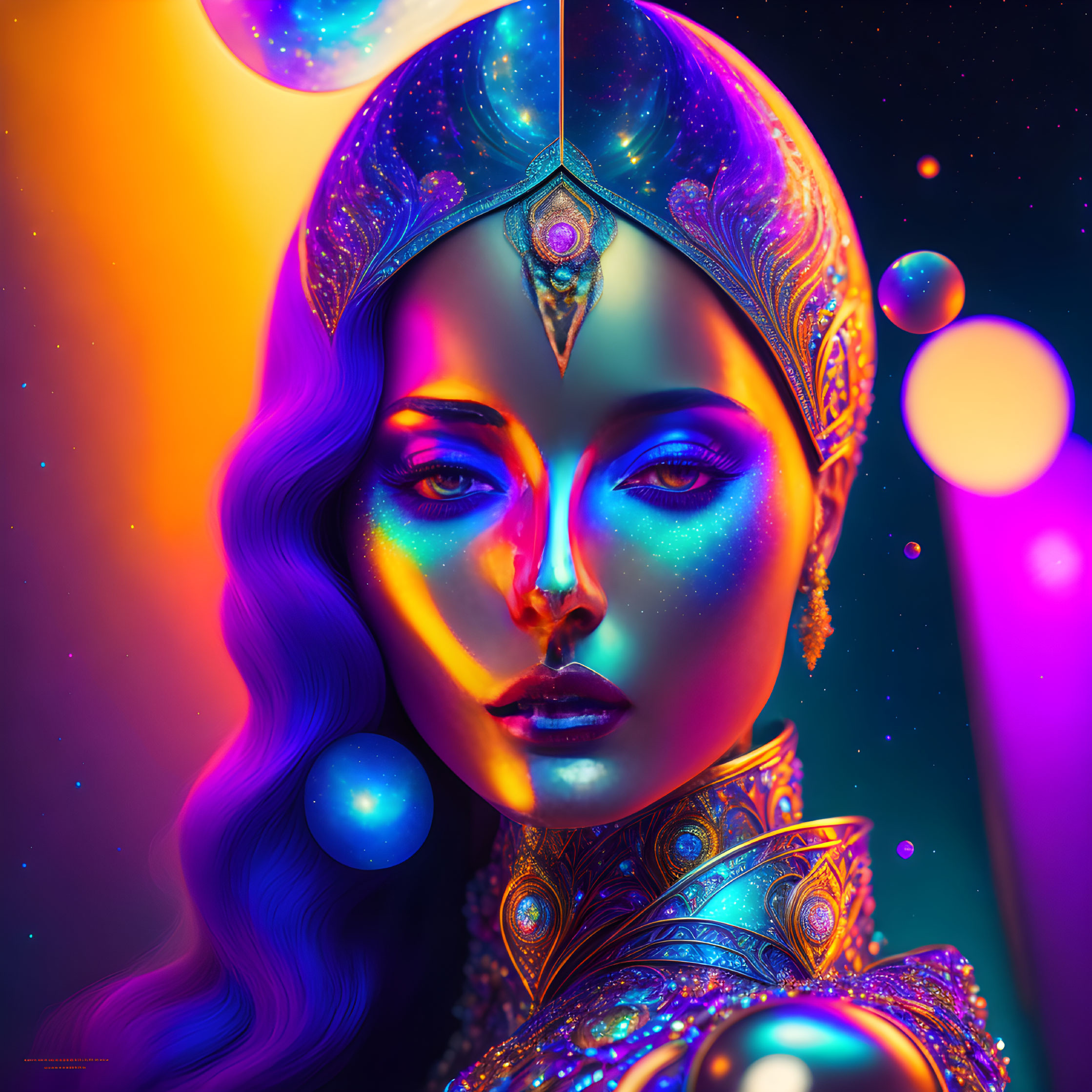 Digital artwork: Woman with blue skin, golden headdress, cosmic background