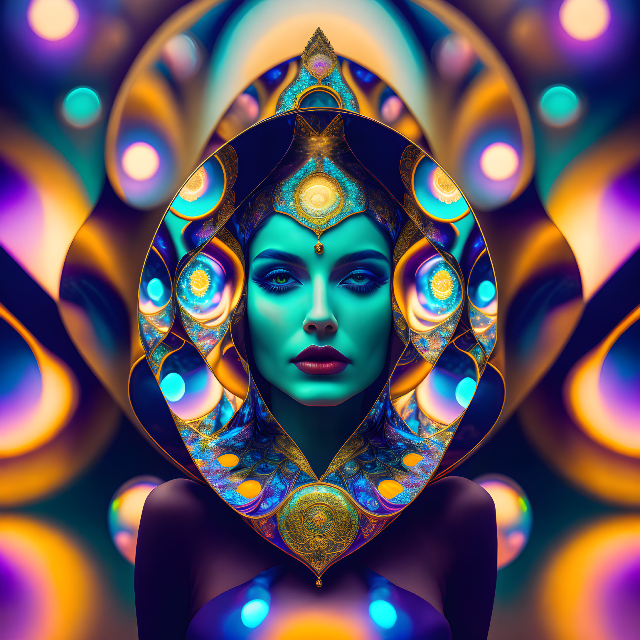 Vibrant digital artwork: Woman with blue skin and golden headgear