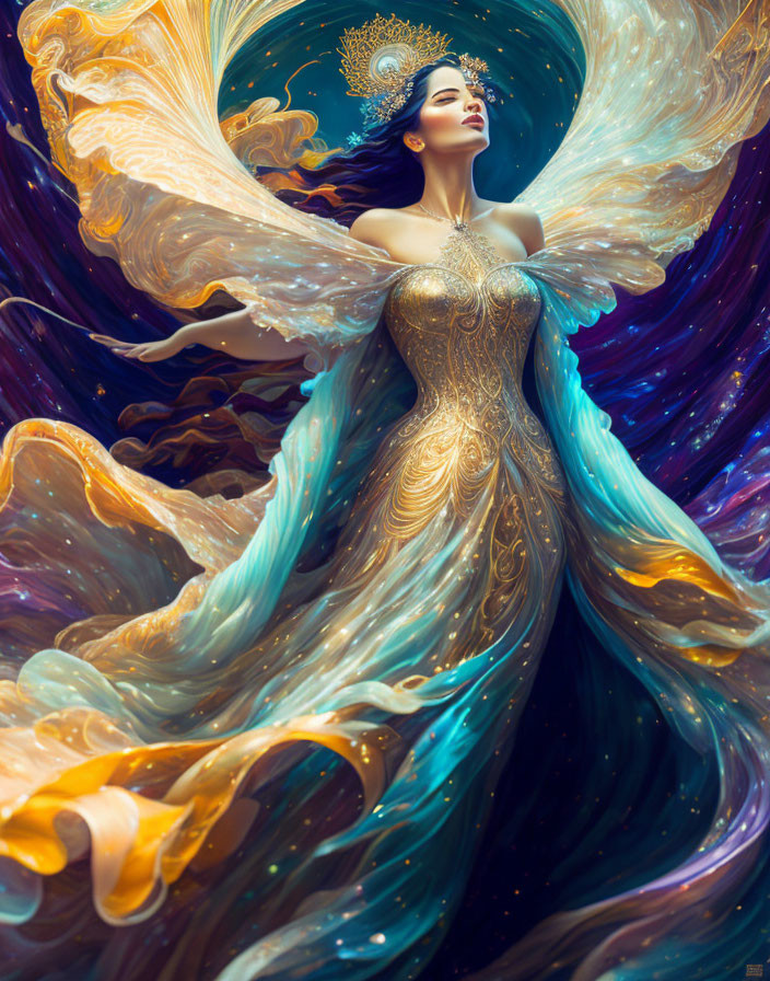 Ethereal woman in ornate gown with golden swirls on blue fabric.