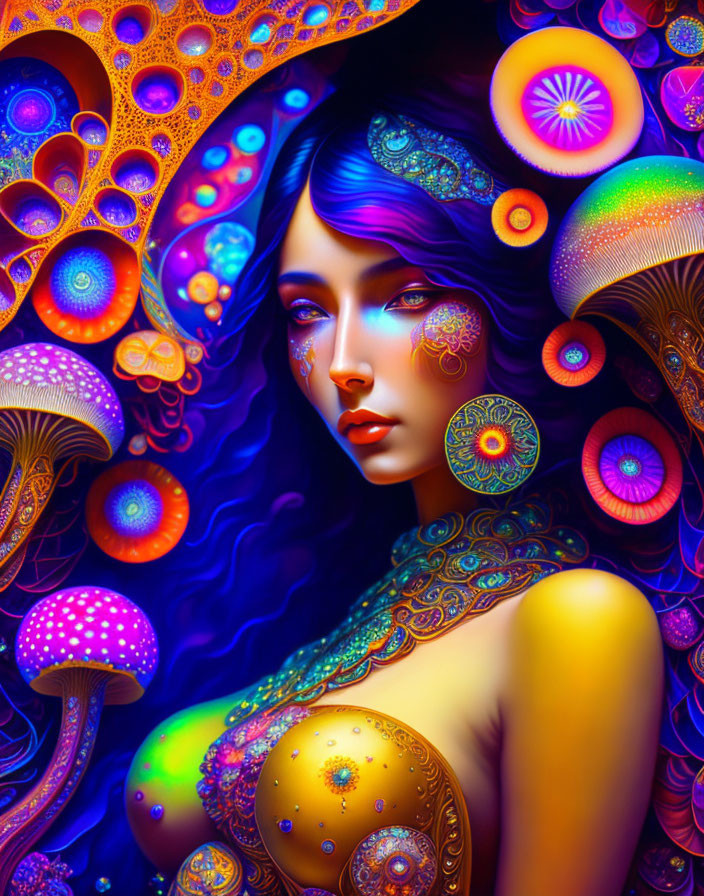 Vivid Digital Art: Blue-skinned Woman Amid Psychedelic Patterns