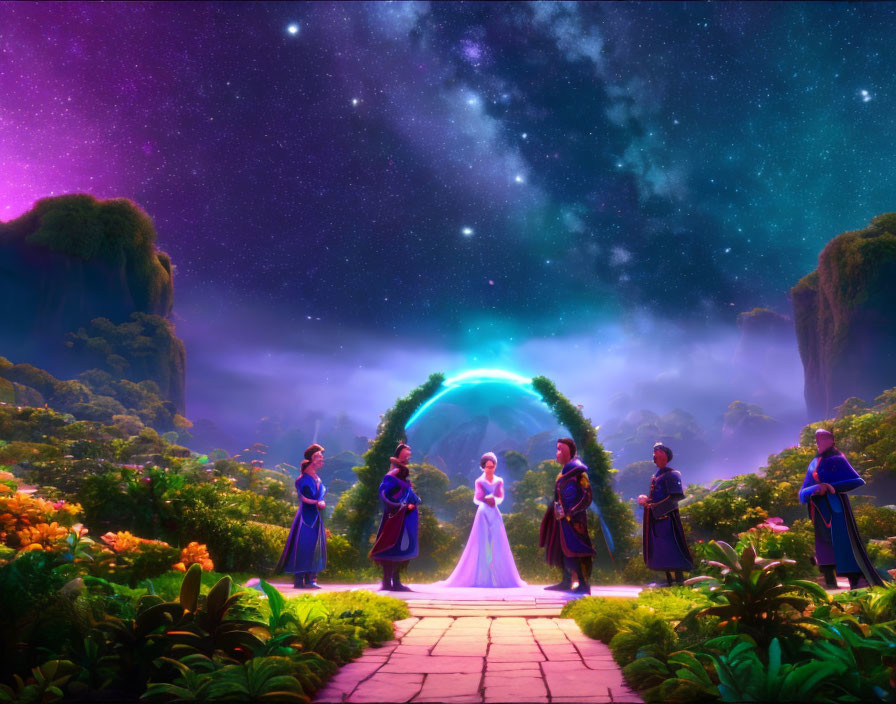 Animated mystical garden with characters under starry sky & glowing archway