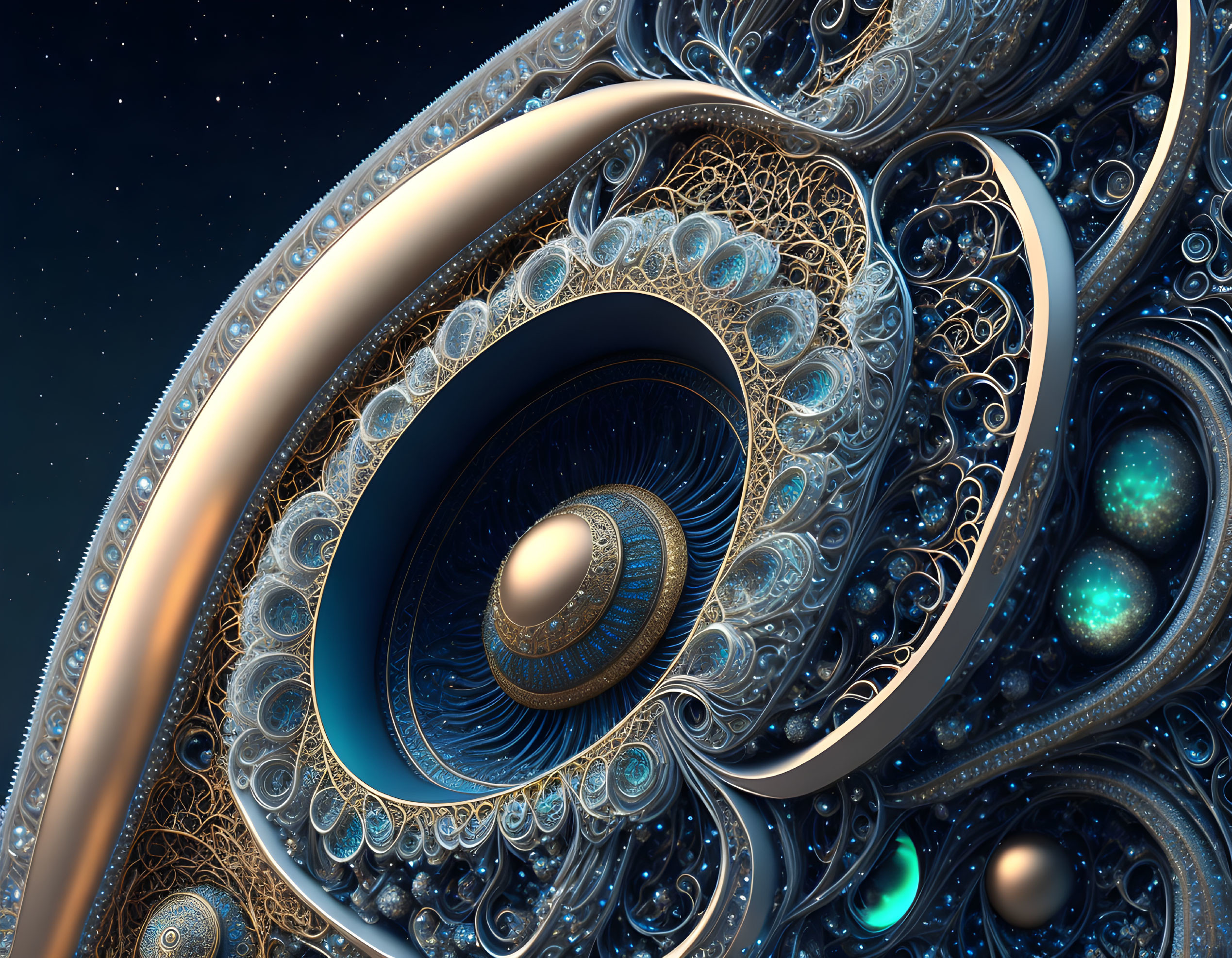 Intricate fractal image: Spiraling structure, lace-like patterns, blue orbs, dark background