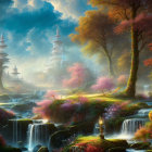 Enchanting forest with waterfalls, pink trees, misty sunlight, fairy-tale castles