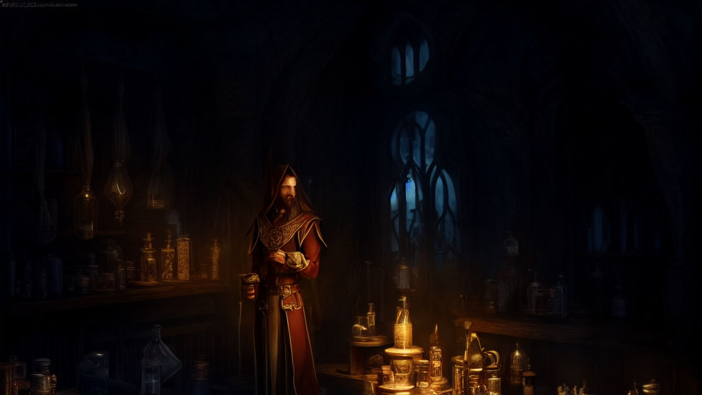 Mysterious robed figure in dimly lit Gothic room