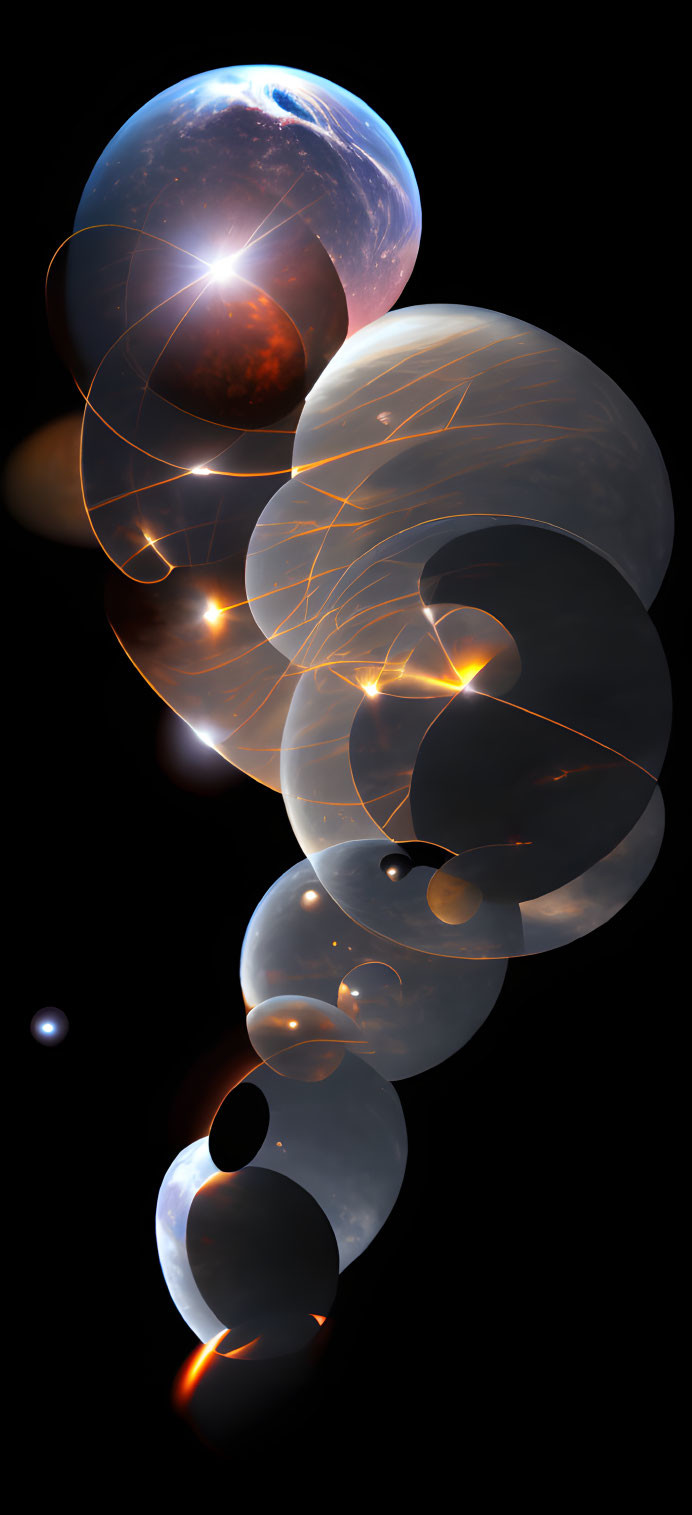 Abstract cosmic image with swirling spheres and glowing orbs on dark starry background