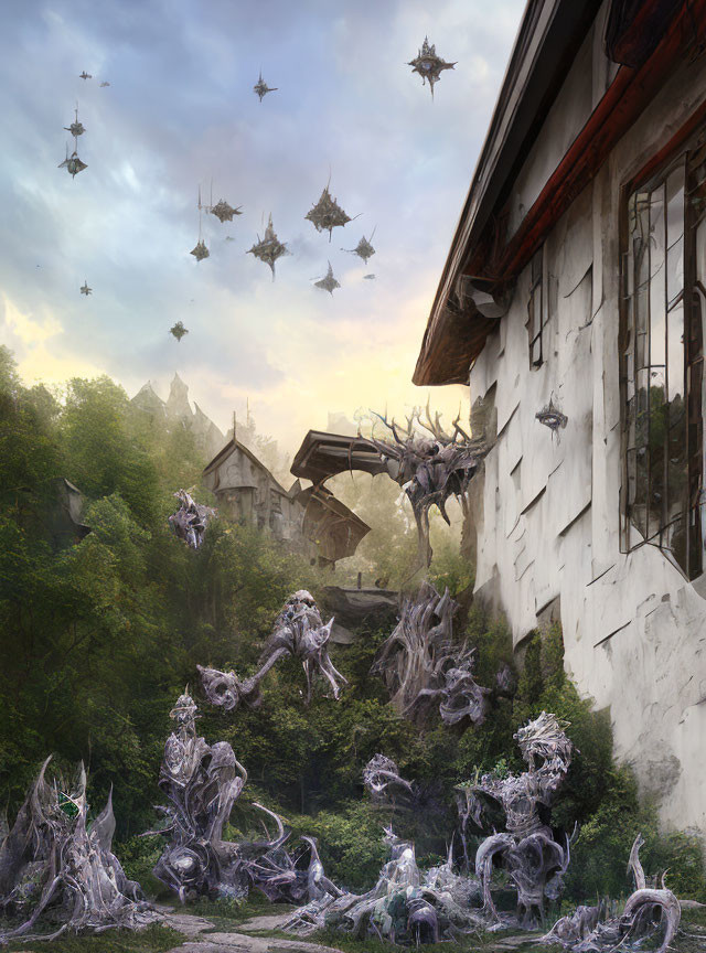 Fantasy landscape with white building, floating rocks, and ethereal creatures