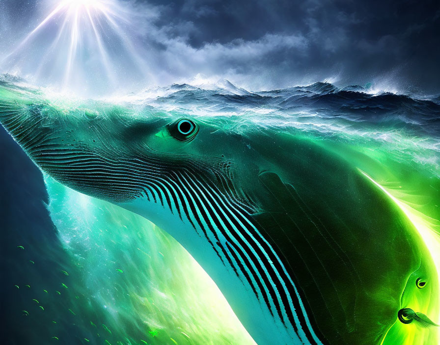 Surreal underwater scene: large whale in beam of light