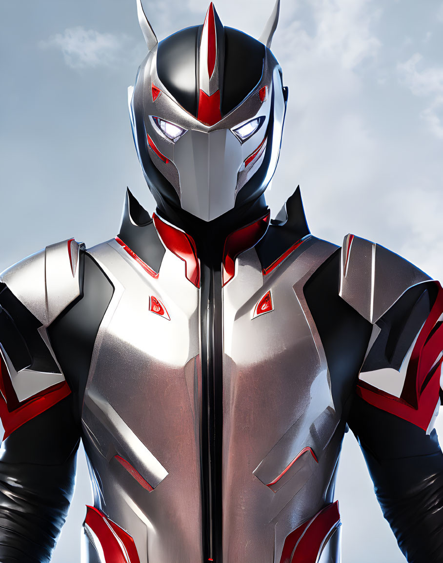 Futuristic armored suit with metallic finish and red accents