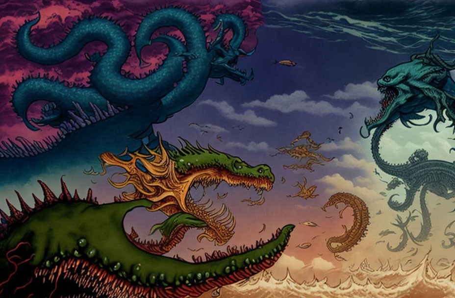 Illustration of sea monsters in dramatic battle under ominous sky