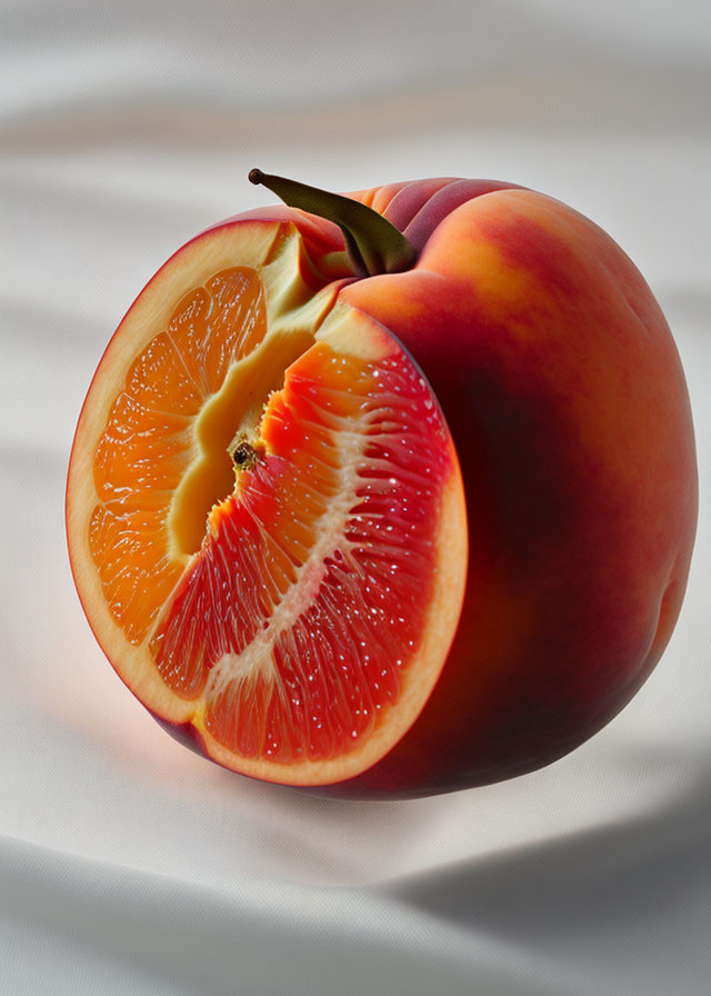 Ripe Peach with Juicy Orange Slice on Textured White Surface