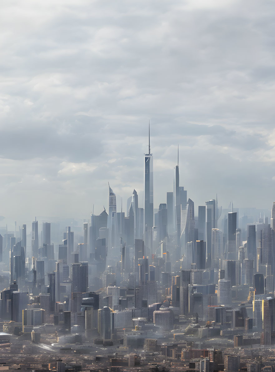 Sunlit skyscrapers in dense cityscape under hazy skyline