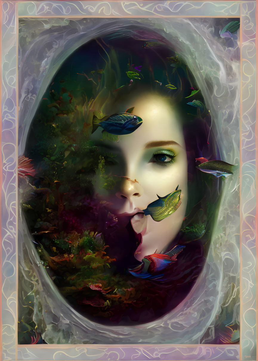 Surreal portrait blending woman's face with underwater scene