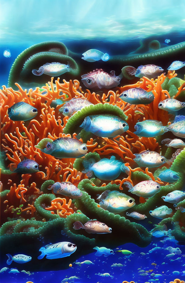 Colorful underwater scene with fish, coral, and sea anemones in clear blue water