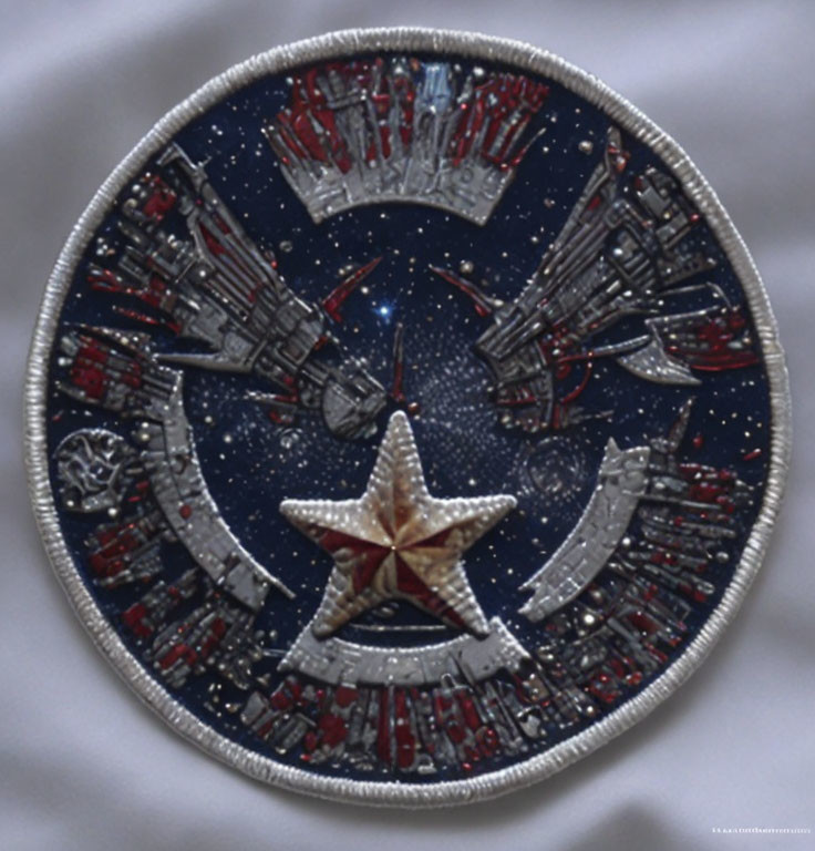 Round emblem with central star, crescent shapes, and sparkles on dark background