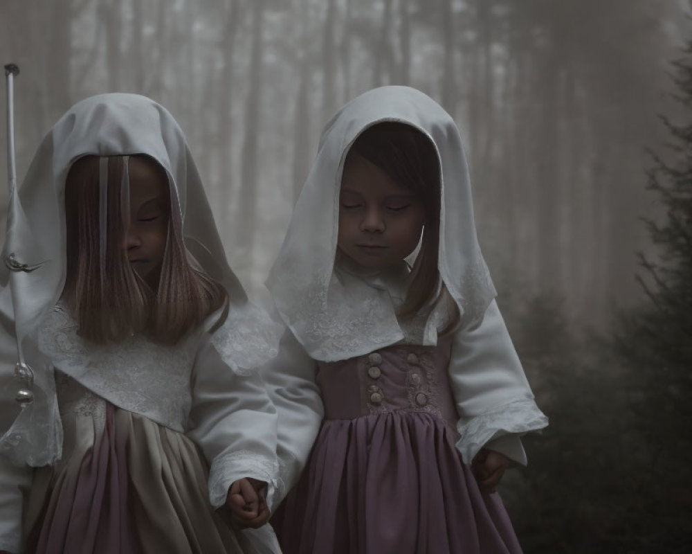 Children in vintage dresses walk through misty forest in white hoods