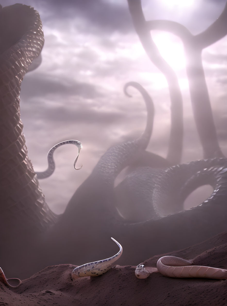 Enormous snake-like creatures in desert with overcast skies