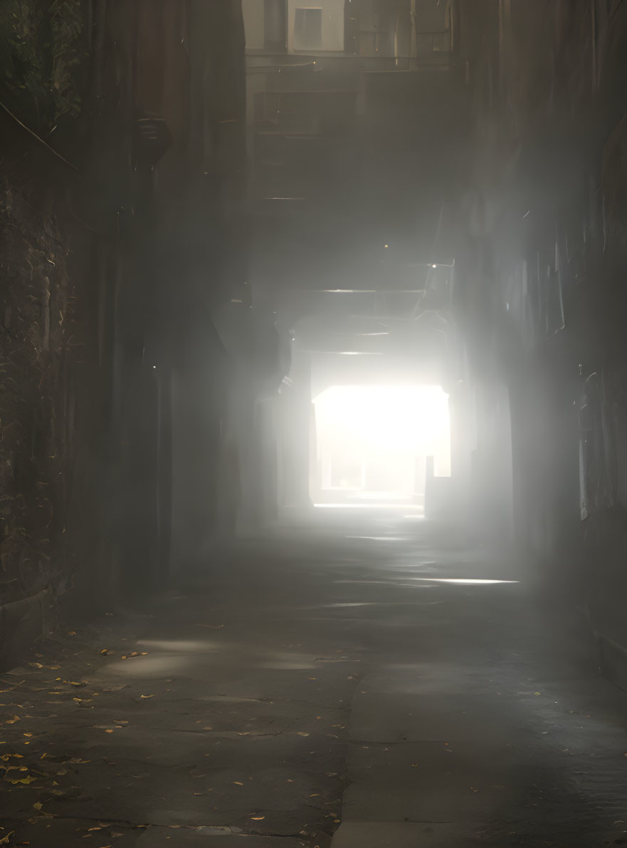 Foggy alley with soft light, buildings, and scattered leaves