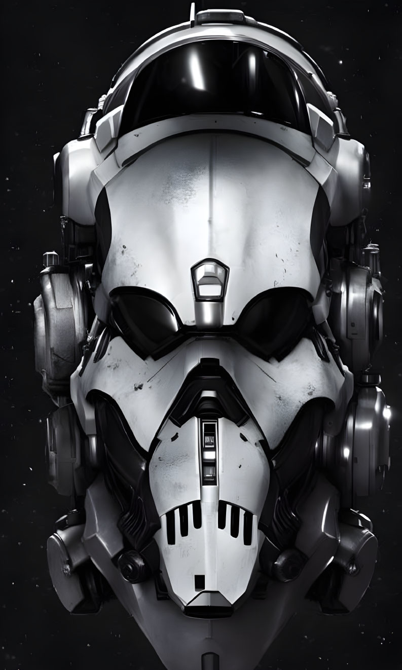 Detailed futuristic armored helmet with reflective visor and mechanical components on starry background