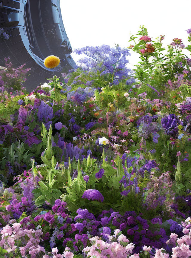 Colorful garden with purple and pink flowers under spaceship shadow