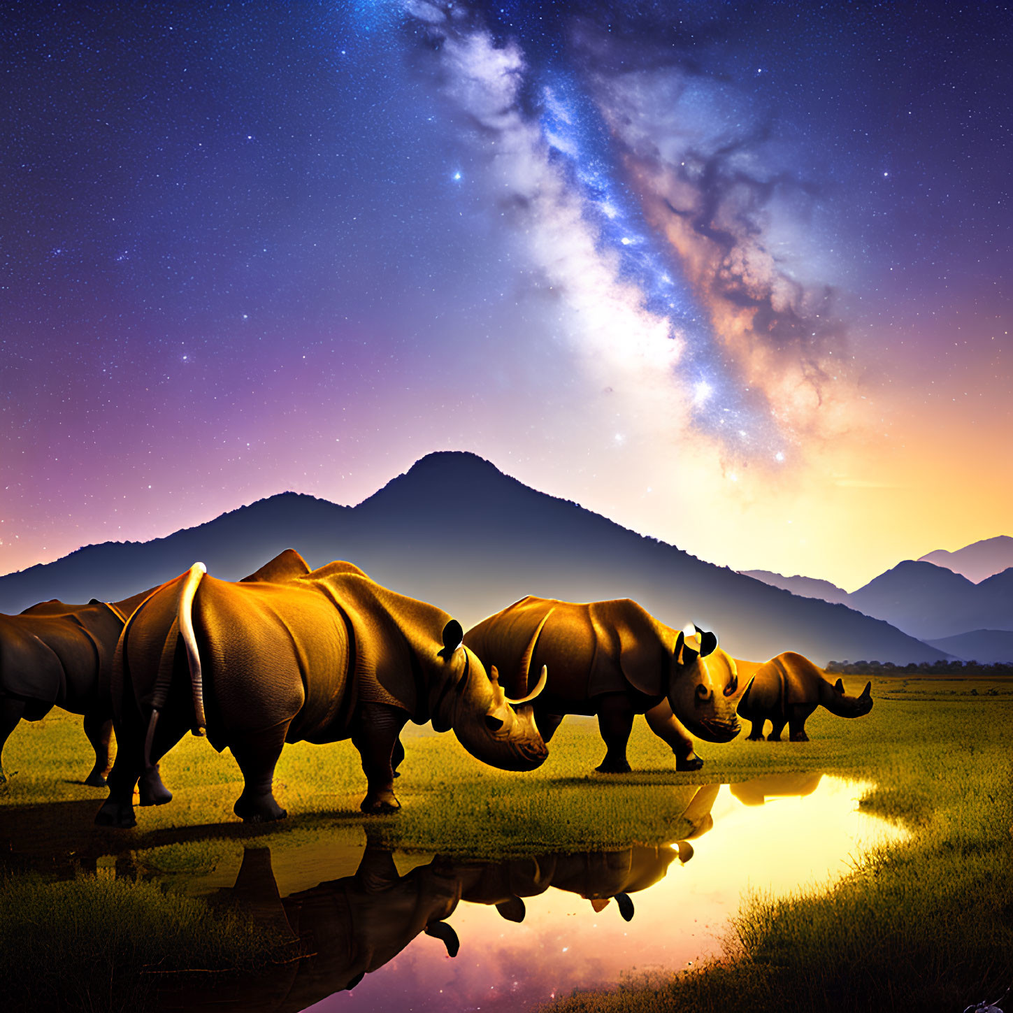 Rhinos near water under starry sky and mountains at twilight