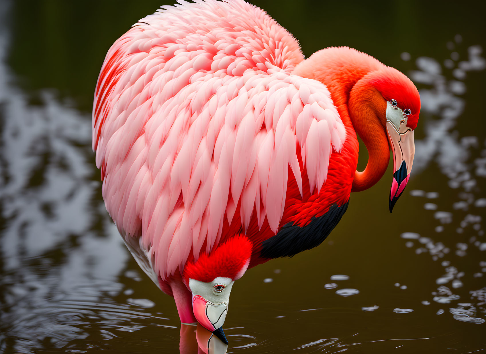 Vibrant pink flamingos preening with intricate feathers and distinctive beaks against tranquil water.