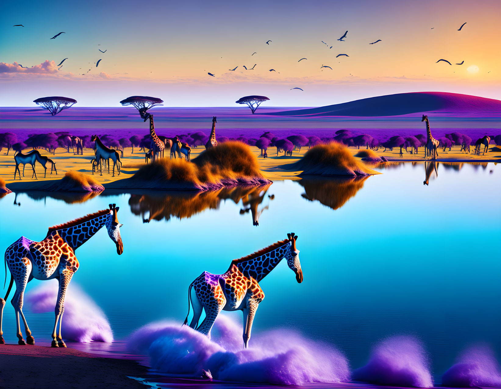 Vibrant surreal landscape with giraffes, reflective lake, animals, and whimsical tree-shaped