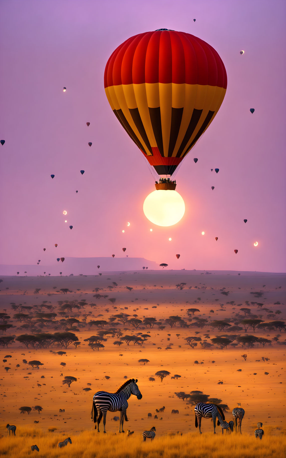 Colorful hot air balloons over savannah with zebras and trees at sunset