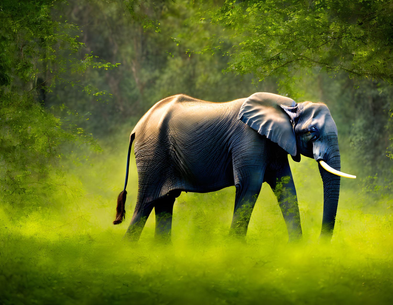 Majestic elephant in sunlit forest among vibrant greenery