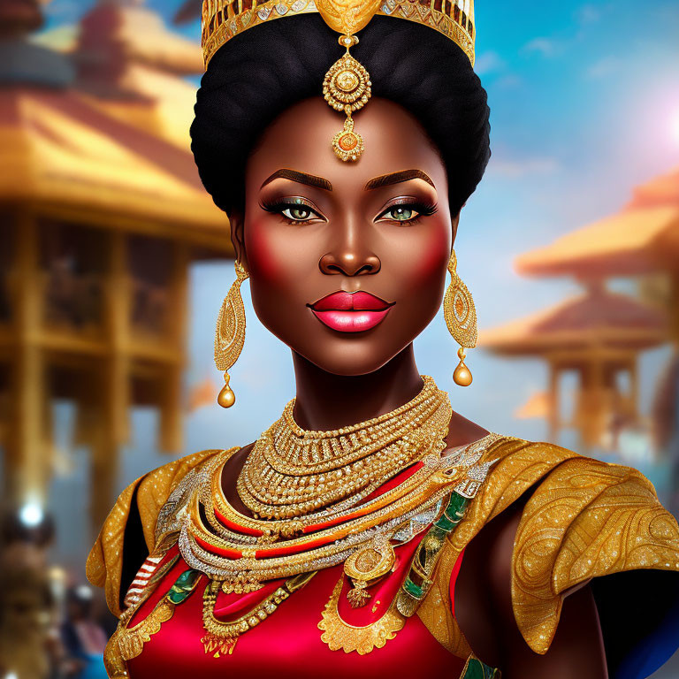 Regal woman with golden jewelry and crown in traditional attire against ancient temple.