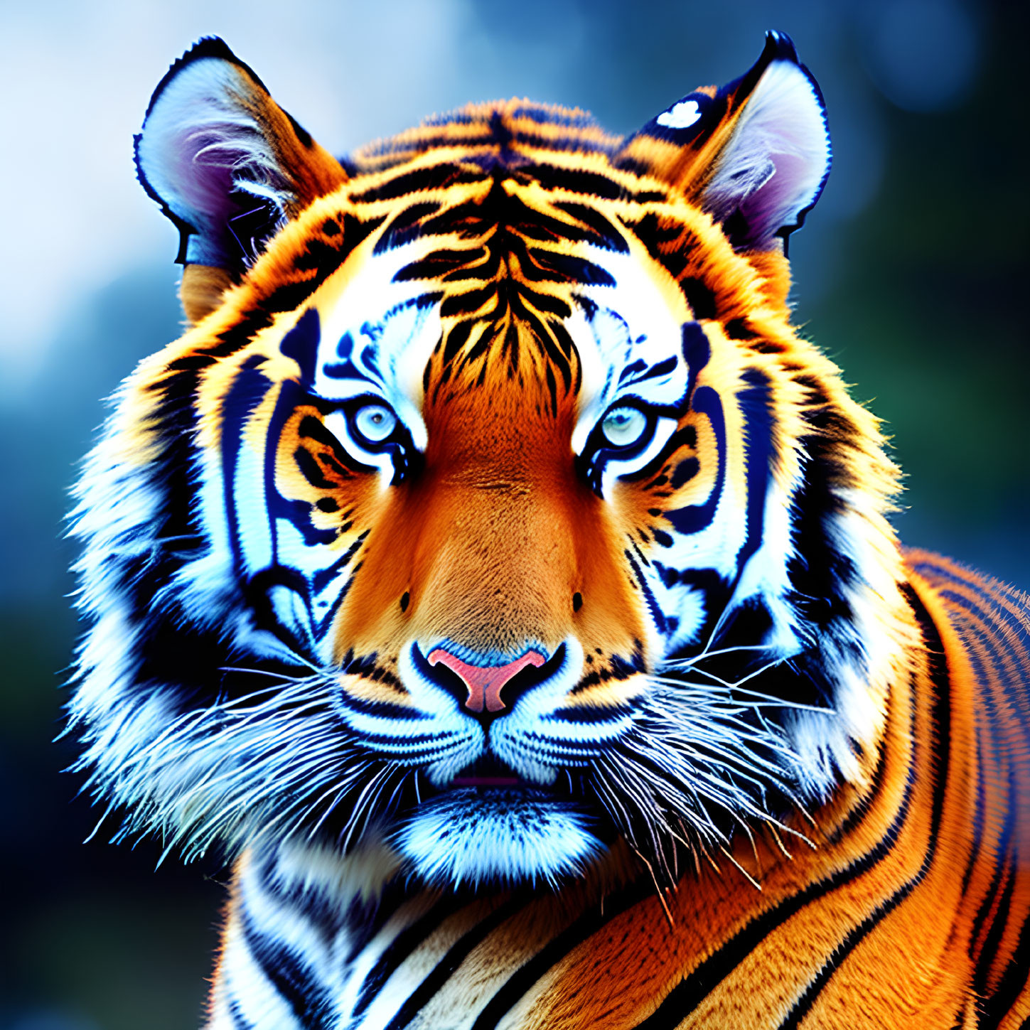 Vibrant tiger portrait with blue eyes and orange fur