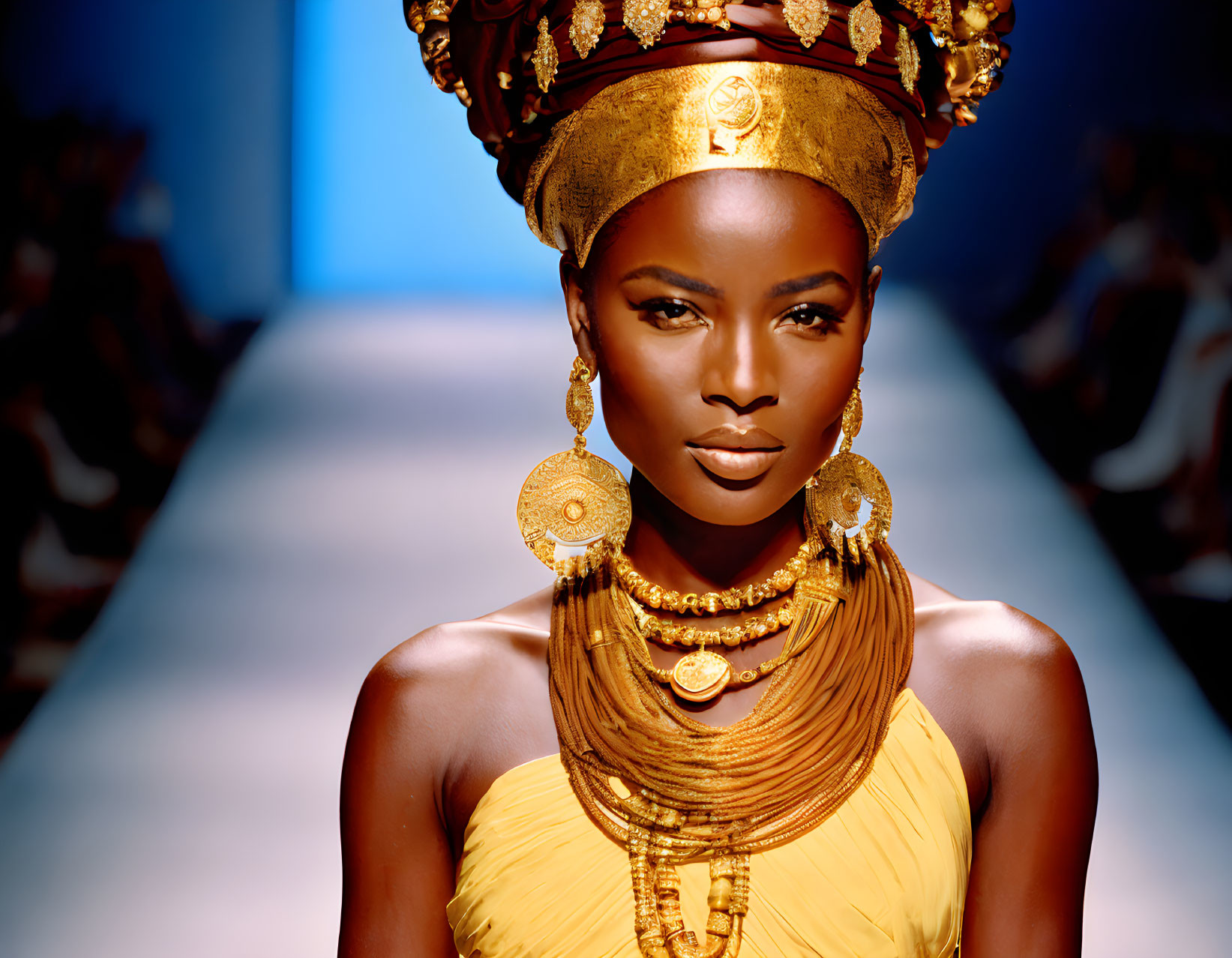 Elegant woman in gold accessories on blue runway