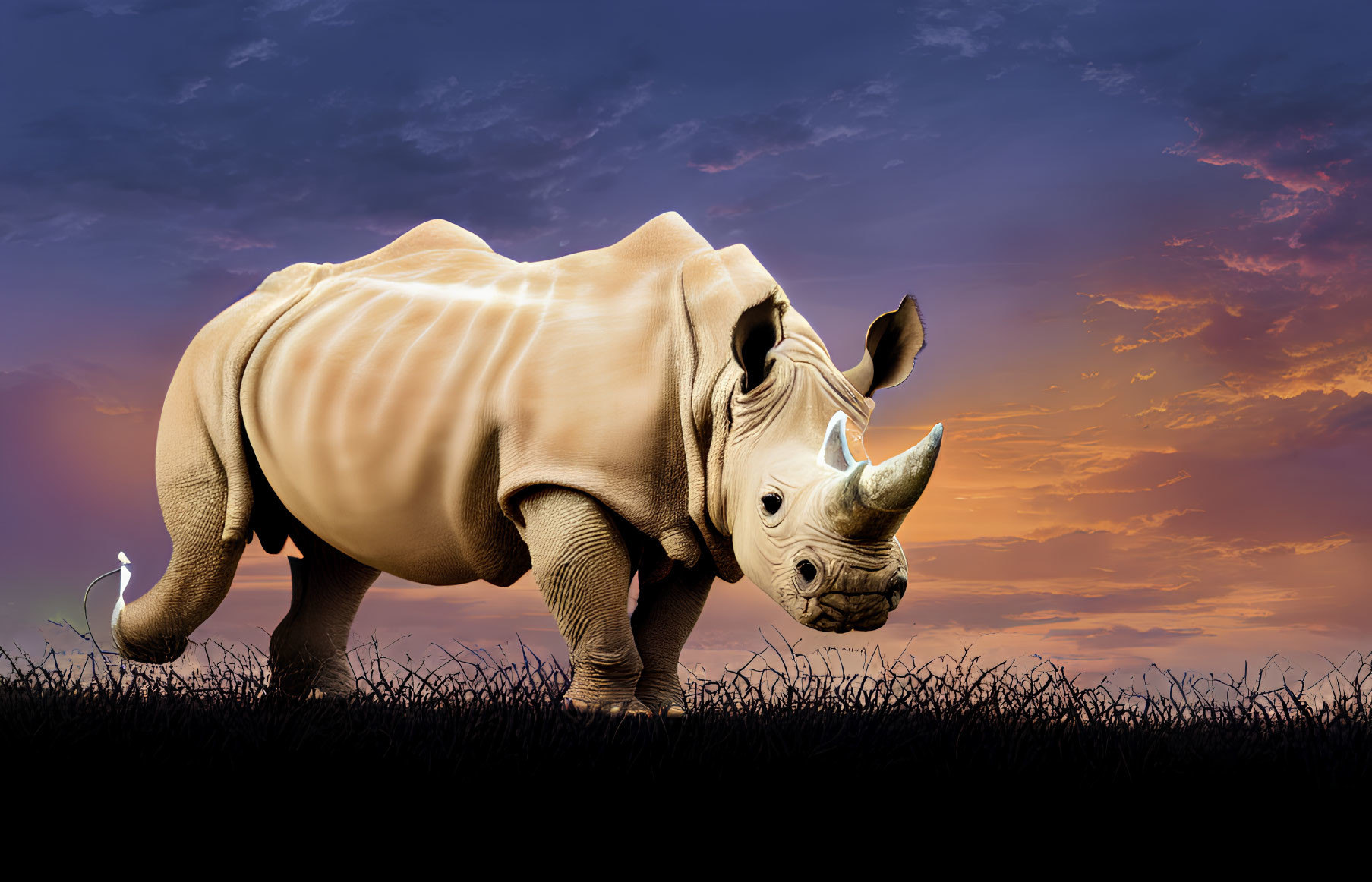 Detailed Side Profile of Rhinoceros Against Vivid Sunset Sky