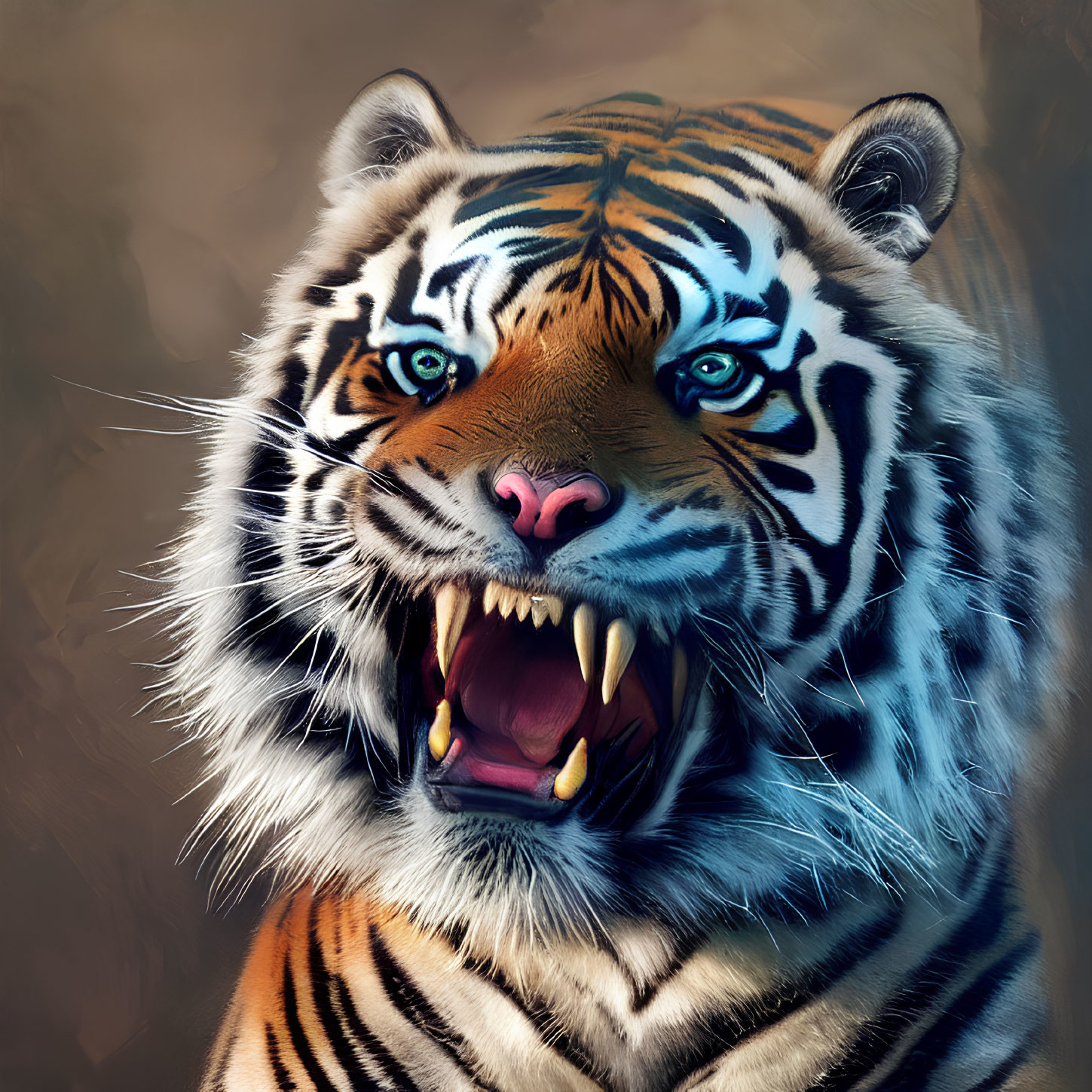 Fierce tiger digital art with open mouth and blue stripes