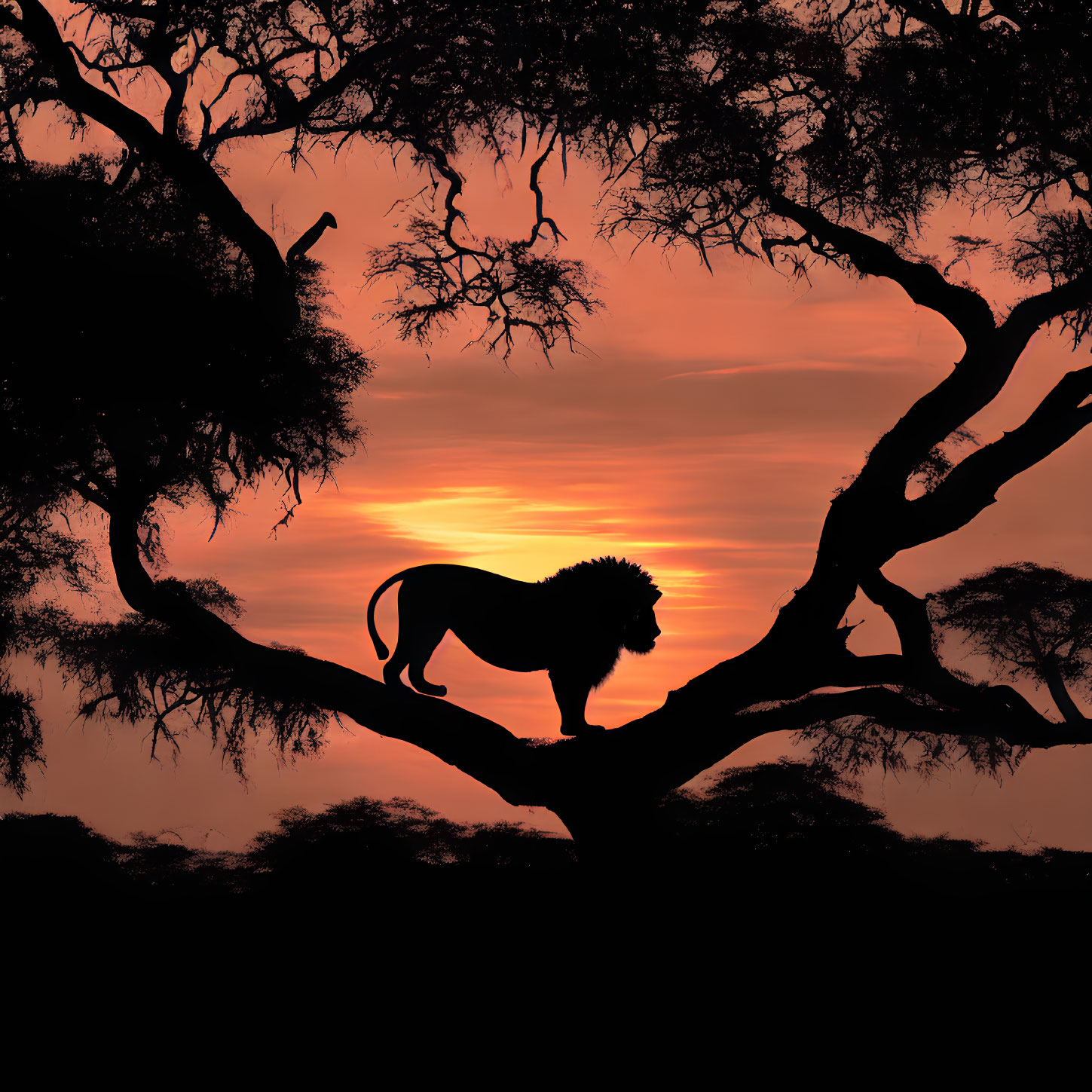 Silhouetted lion against vibrant sunset on tree branches