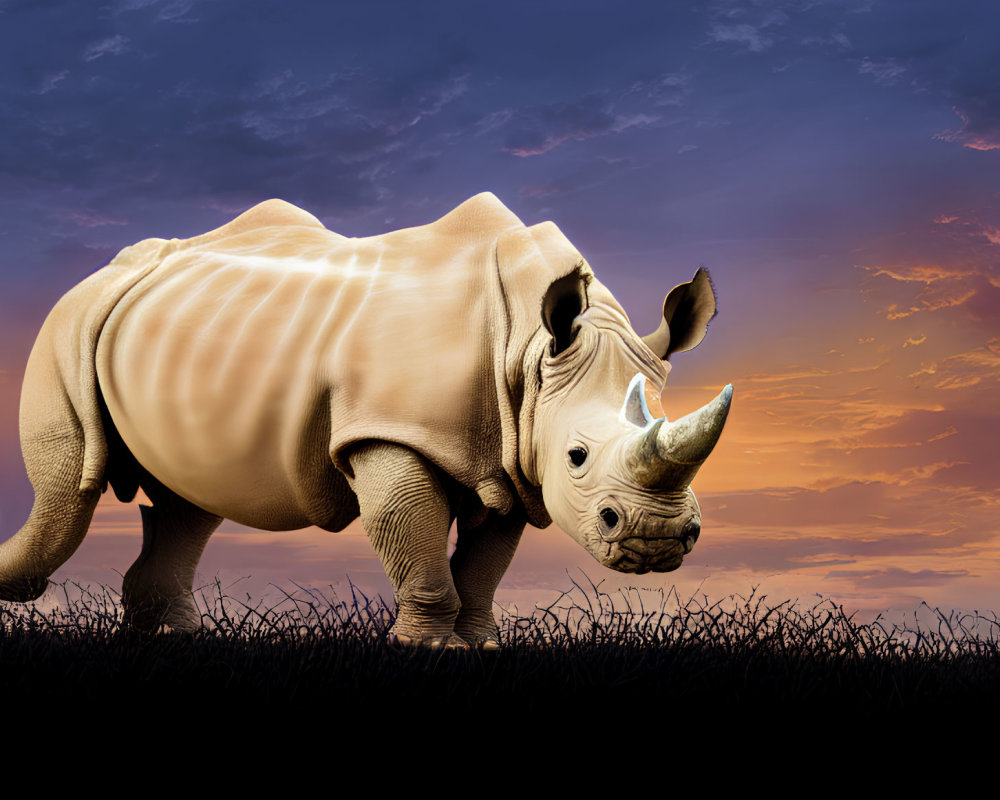 Detailed Side Profile of Rhinoceros Against Vivid Sunset Sky