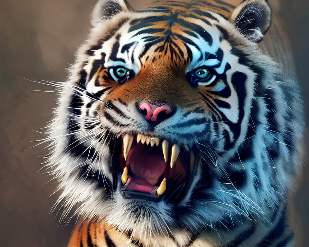 Fierce tiger digital art with open mouth and blue stripes